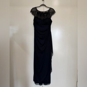 Elegant Navy Blue Beaded Illusion-Yoke Evening Dress
